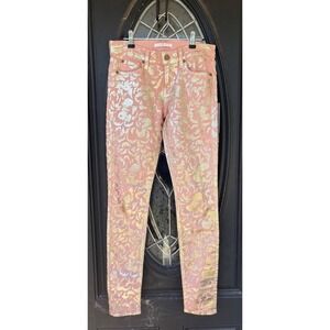 7 For All Mankind Pink Gold Metallic Foil Skinny Jeans AU015007AB Womens 26 NWT